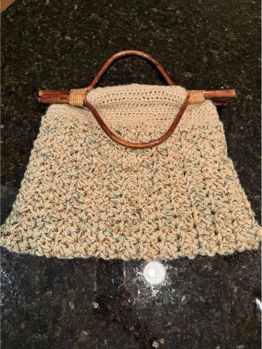 Handmade Crocheted Purse With Bamboo Handles Pockets Inside Excellent